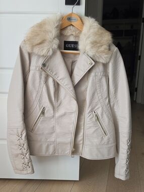GUESS Cream Faux Leather Jacket with Fur Trim